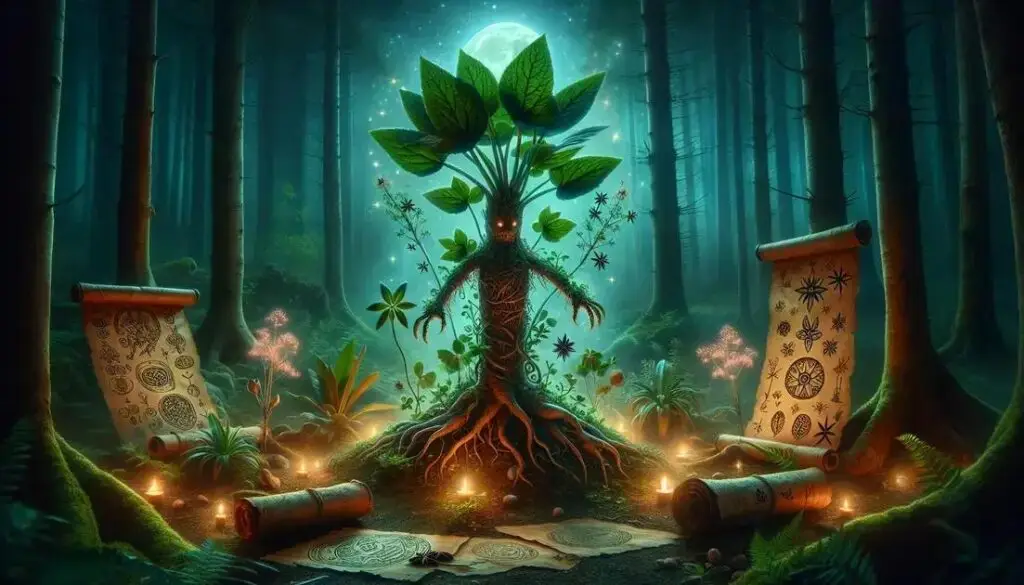 Mandrágora em ambiente florestal à noite, com velas e símbolos, evocando os rituais de colheita e o mito do grito da raiz.