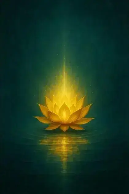 A flor de lótus na mitologia: renascimento, cura e sabedoria interior | Benverde Flor de lótus dourada irradiando luz sobre a água, símbolo de iluminação, consciência e despertar espiritual.