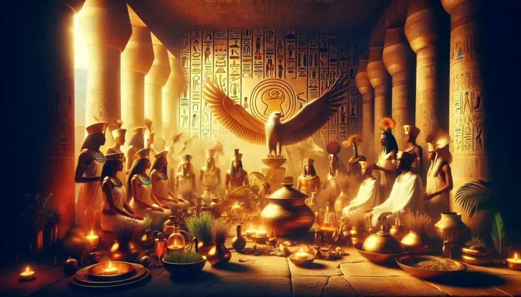 Rituais do Egito Antigo: no templo egípcio com sacerdotes, óleos medicinais, plantas sagradas e a presença simbólica do deus Hórus