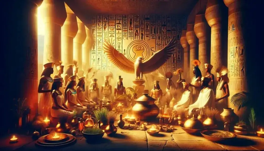 Rituais do Egito Antigo: no templo egípcio com sacerdotes, óleos medicinais, plantas sagradas e a presença simbólica do deus Hórus