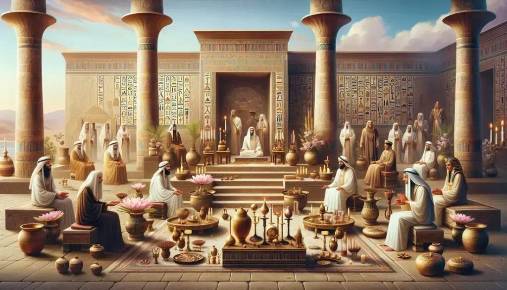 Rituais do Egito Antigo: sacerdotes egípcios sentados em templo realizando rituais com flores de lótus, vasos sagrados e plantas medicinais