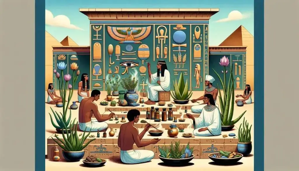 Rituais do Egito Antigo: o poder curativo das plantas sagradas | Benverde Rituais do Egito Antigo: sacerdotes egípcios preparando óleos, ervas e fórmulas medicinais em ritual sagrado