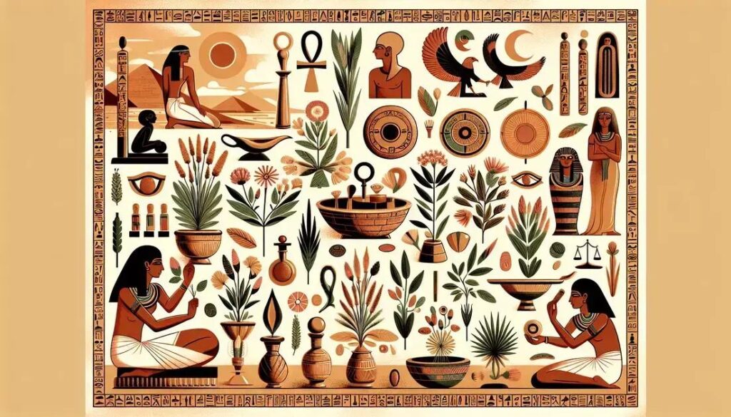 Rituais do Egito Antigo: painel ilustrado com plantas medicinais, símbolos egípcios, Ankh, deuses e instrumentos de cura