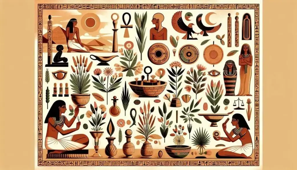Rituais do Egito Antigo: o poder curativo das plantas sagradas | Benverde Rituais do Egito Antigo: painel ilustrado com plantas medicinais, símbolos egípcios, Ankh, deuses e instrumentos de cura