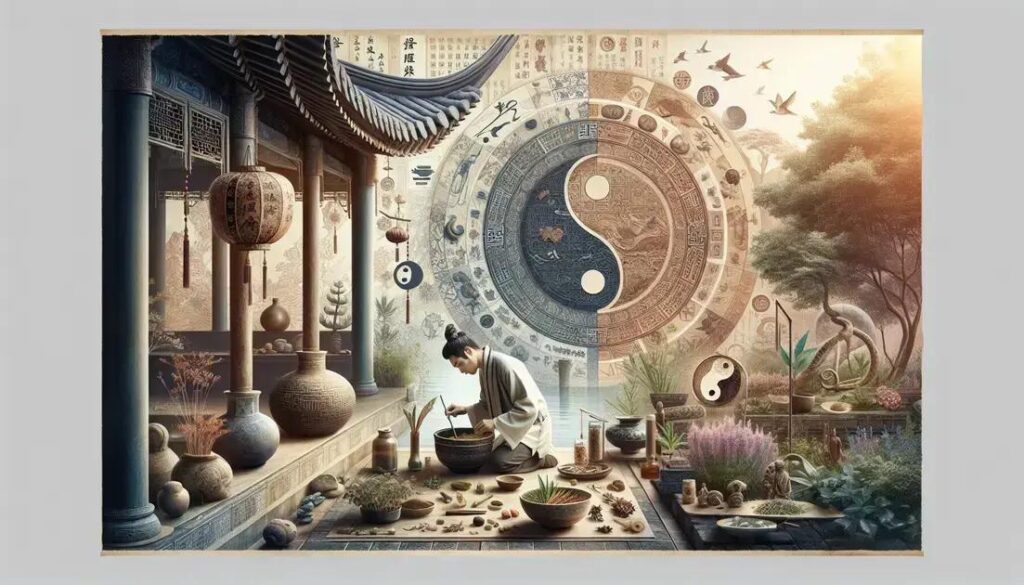 Rituais da Ásia antiga: símbolo do Yin Yang cercado por plantas medicinais e elementos da medicina tradicional chinesa em um cenário ritualístico.