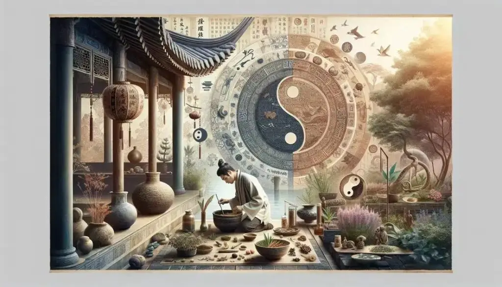 Rituais da Ásia antiga: símbolo do Yin Yang cercado por plantas medicinais e elementos da medicina tradicional chinesa em um cenário ritualístico.