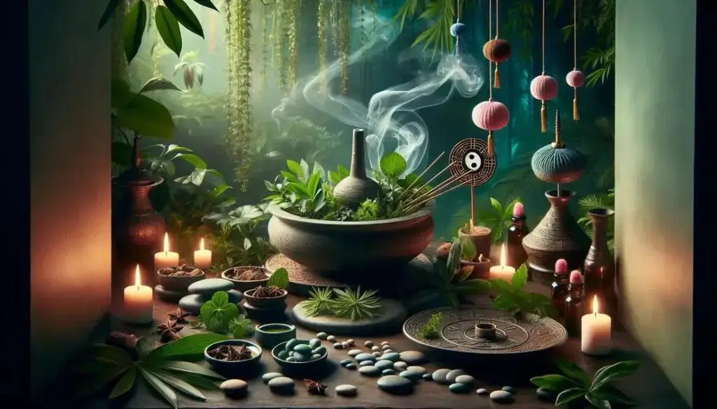 Rituais da Ásia antiga: altar com ervas, incensos, pilão e símbolos espirituais usados em rituais de cura na Ásia Antiga.