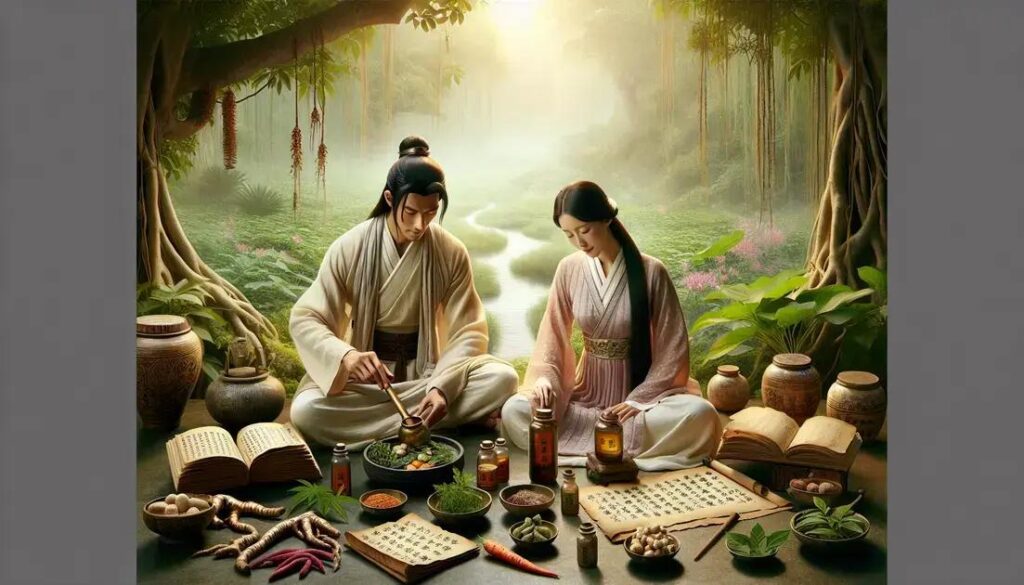 Rituais da Ásia antiga: mestre e discípula preparando remédios com plantas medicinais segundo textos da medicina tradicional asiática.