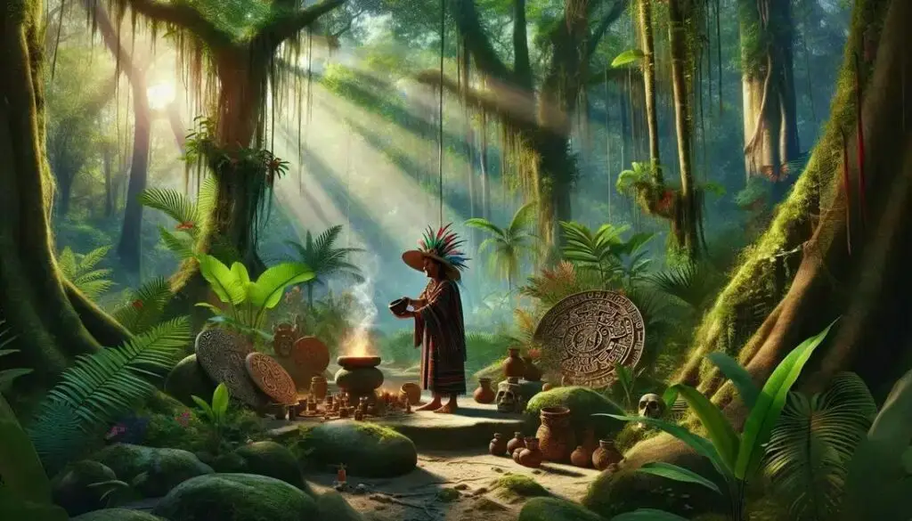 Xamã maia realizando ritual de oferenda com plantas medicinais em templo natural na selva
