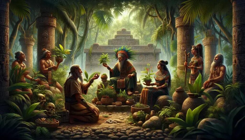 Curandeiros maias em templo ancestral usando plantas medicinais em cerimônia de cura