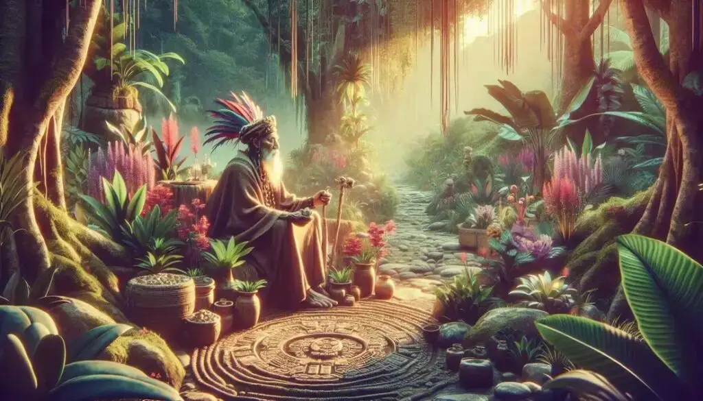 Ancião maia em ritual de cura com plantas sagradas na floresta ao entardecer