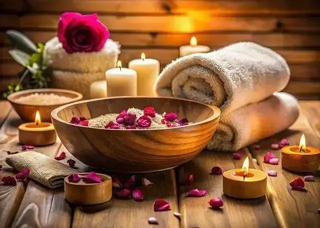 óleos essenciais para ansiedade e relaxamento: ritual com óleos essenciais, velas e pétalas de flores