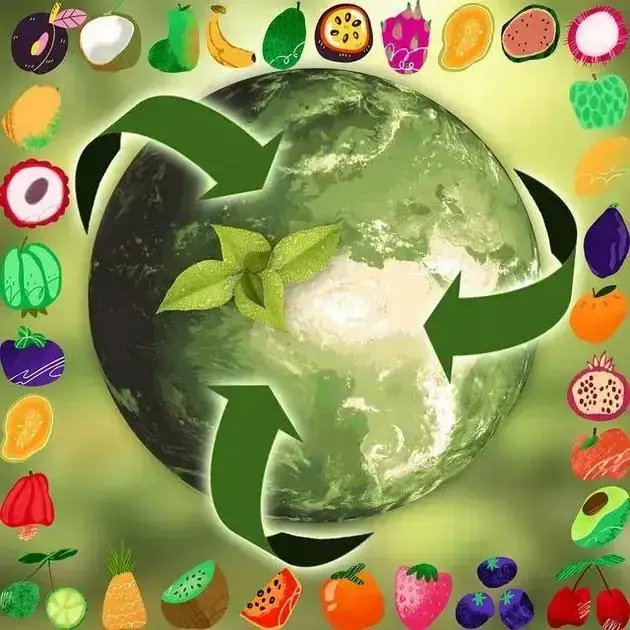 Como escolher produtos ecológicos para o dia a dia e reduzir o impacto ambiental | Benverde Produtos ecológicos: planeta Terra com símbolo de reciclagem e alimentos ao redor representando economia circular e sustentabilidade