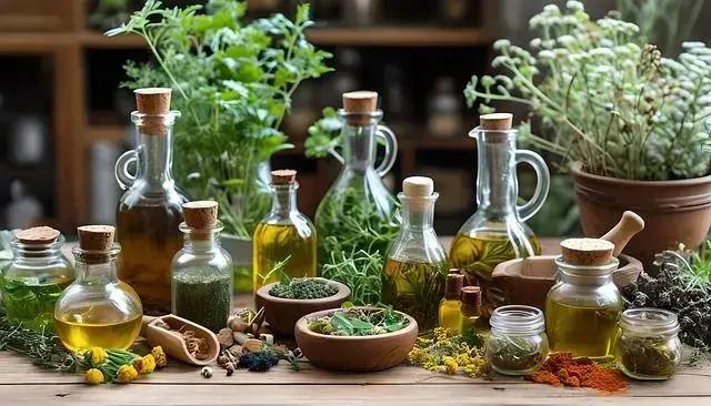 Fitoterapia: o poder das plantas medicinais: preparações fitoterápicas com óleos, ervas secas e plantas medicinais em mesa de trabalho
