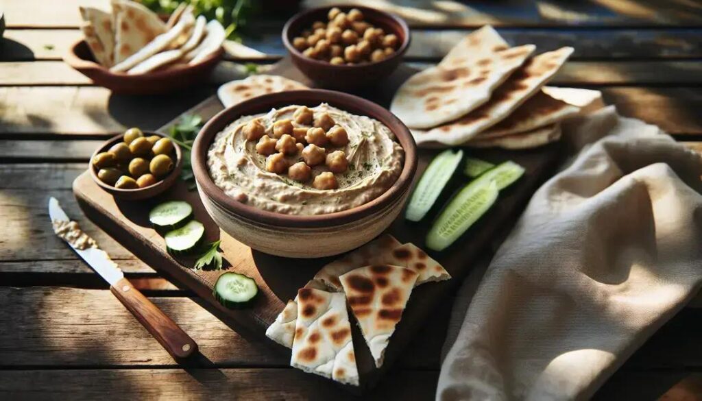 Homus de grão-de-bico servido com legumes e pão em mesa rústica com luz natural
