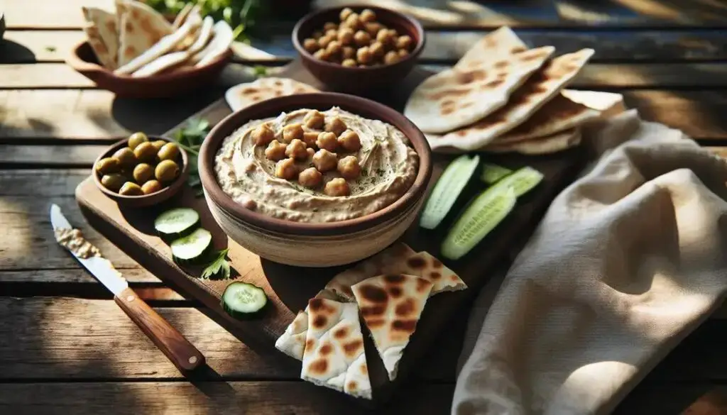 Homus de grão-de-bico servido com legumes e pão em mesa rústica com luz natural