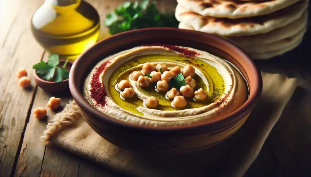 Homus de grão-de-bico cremoso servido em louça rústica com azeite de oliva e grãos inteiros