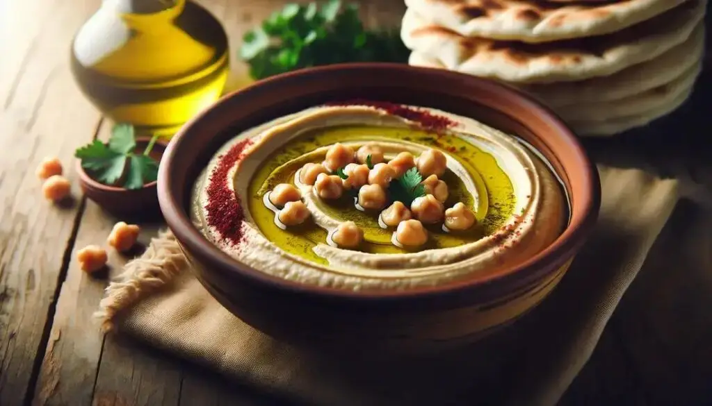 Homus de grão-de-bico cremoso servido em louça rústica com azeite de oliva e grãos inteiros