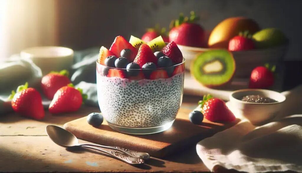 Pudim de chia com frutas frescas servido em bowl de cerâmica sobre mesa de madeira com luz natural