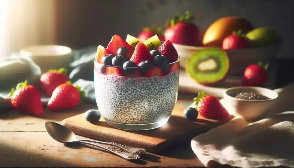 Pudim de chia com frutas frescas servido em bowl de cerâmica sobre mesa de madeira com luz natural