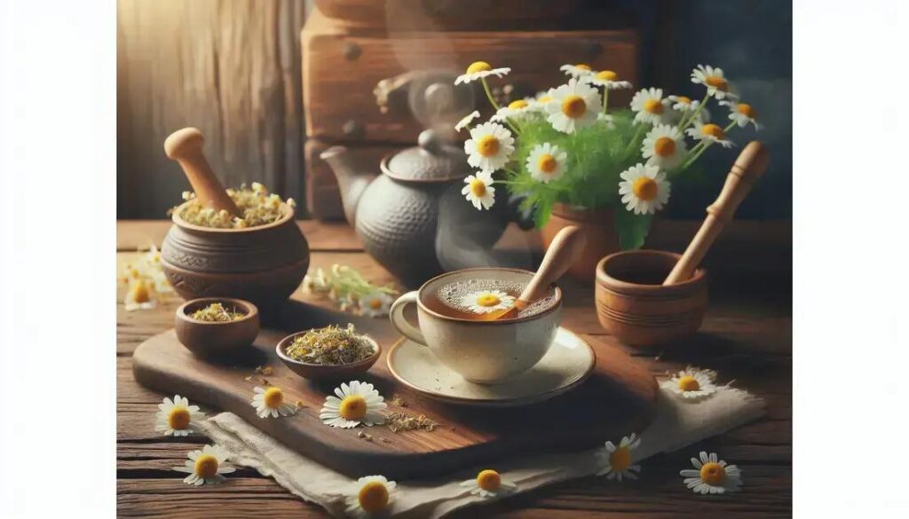 Chá de Camomila: um clássico natural para acalmar o corpo e a mente | Benverde Xícara de chá de camomila em ambiente acolhedor, representando chás relaxantes e momentos de calma