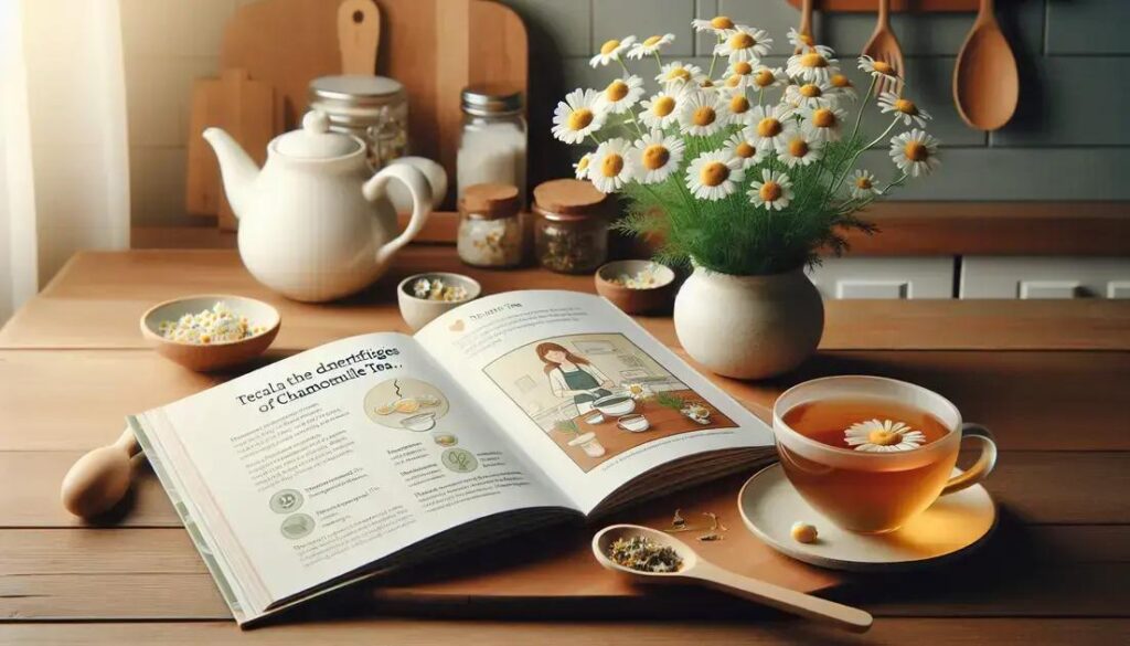 Chá de camomila servido em ambiente doméstico, com livro aberto e flores frescas