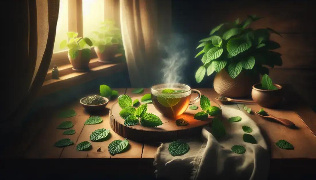 Xícara de chá de melissa em ambiente acolhedor, com luz suave e folhas frescas