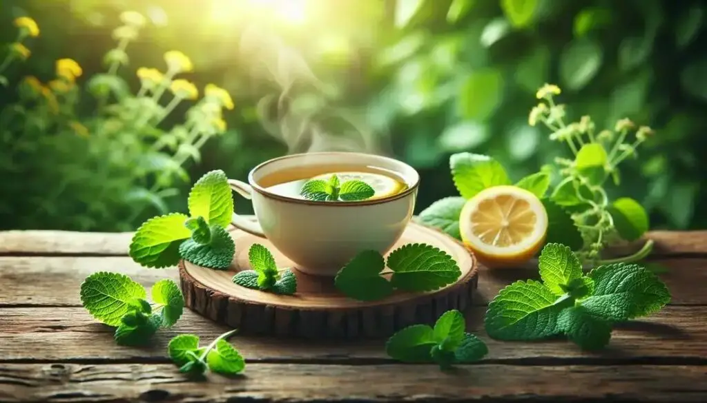 Chá de Melissa: suavidade natural para acalmar a mente e o coração | Benverde Xícara de chá de melissa com folhas verdes frescas em ambiente natural e iluminado