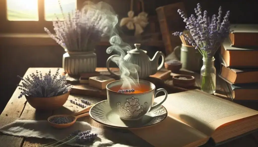 Xícara de chá de lavanda fumegante sobre mesa rústica decorada com flores de lavanda
