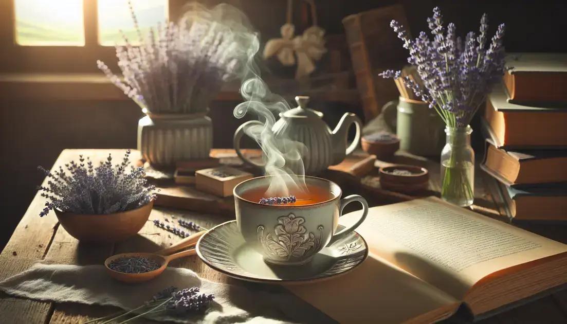 Xícara de chá de lavanda fumegante sobre mesa rústica decorada com flores de lavanda
