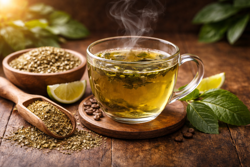 chá mate quente em xícara com vapor suave