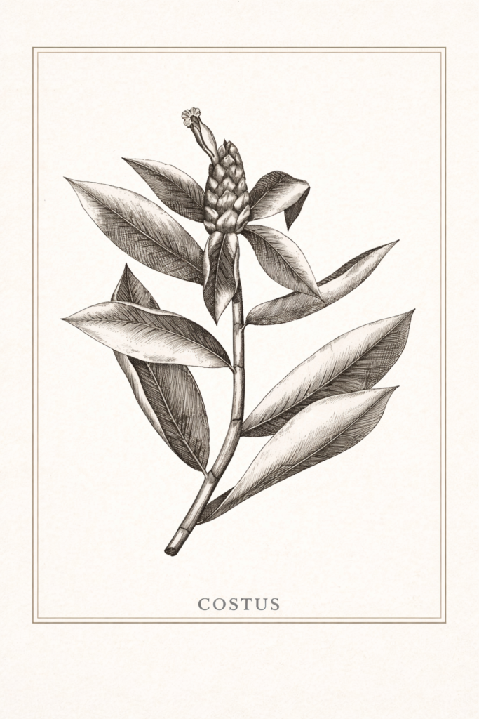 Ilustração botânica histórica de Costus spicatus, conhecida como cana-do-brejo, com representação detalhada da planta para fins científicos.
