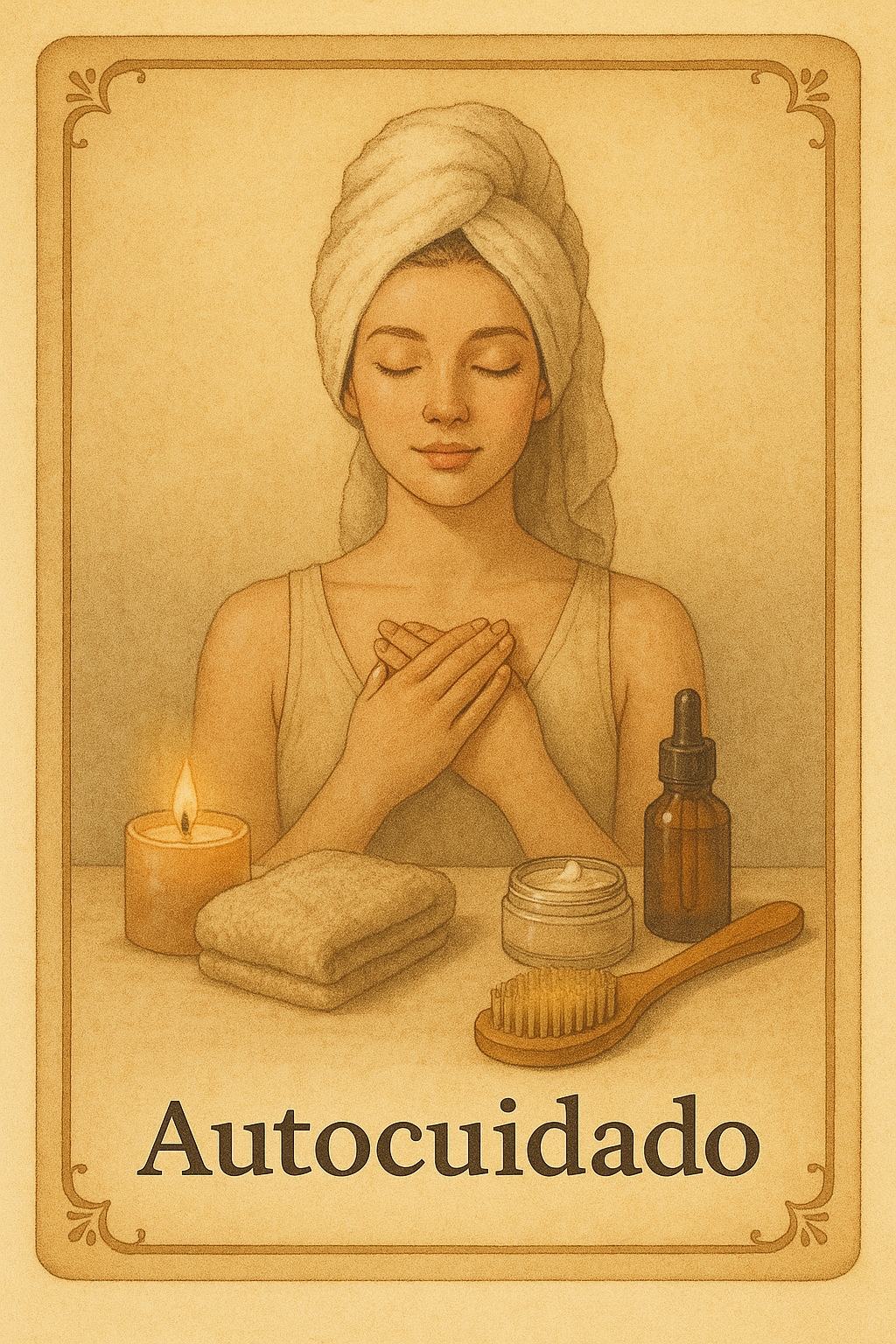 Ilustração de autocuidado e bem-estar em moldura botânica Benverde