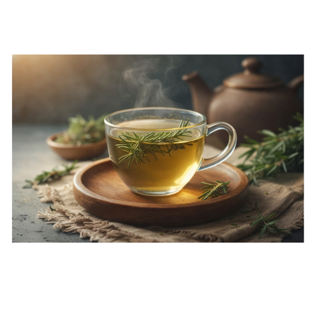 Xícara de chá de alecrim com ramos frescos em ambiente acolhedor e natural
