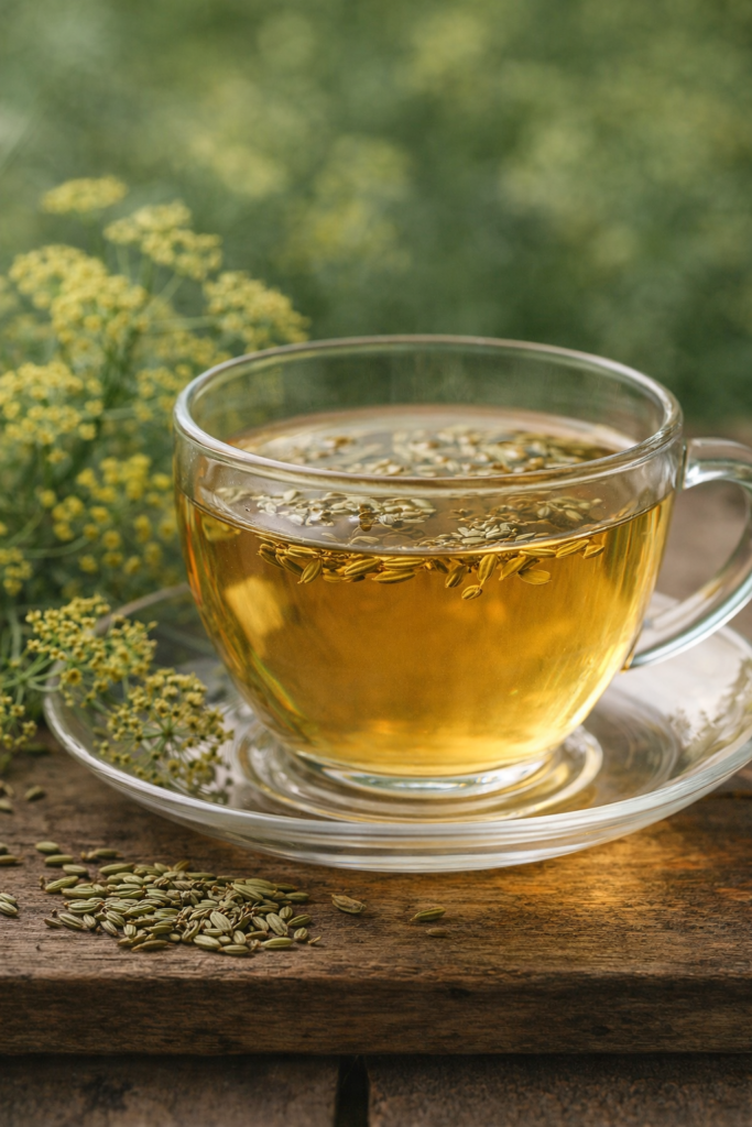 Chá de Erva-doce: uso tradicional e cuidado no conforto digestivo | Benverde Xícara de chá de erva-doce com sementes e flores em ambiente natural e suave