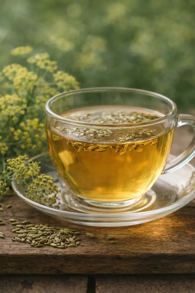 Xícara de chá de erva-doce com sementes e flores em ambiente natural e suave