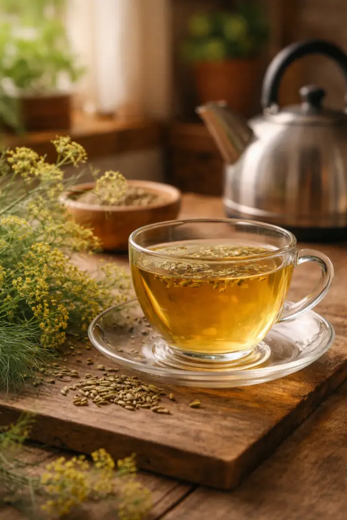 Chá de erva-doce preparado em cozinha com chaleira, sementes e planta fresca