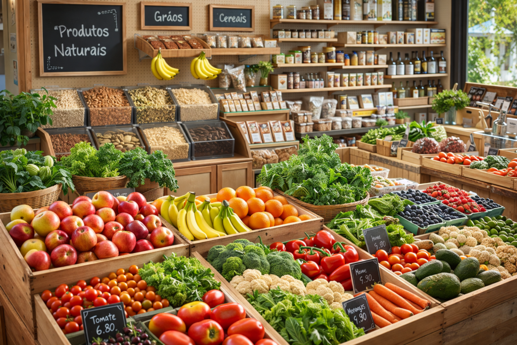Horários e qualidade das refeições: a importância da regularidade para a saúde | Benverde Horários e qualidade das refeições: quitanda com frutas, verduras, grãos e alimentos naturais organizados, mostrando que uma alimentação saudável é acessível