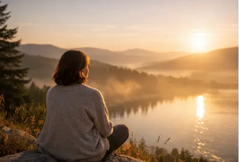 Autocuidado e autoestima: pessoa sentada contemplando o horizonte ao nascer do sol, simbolizando paz interior, autoestima e reconexão consigo mesma