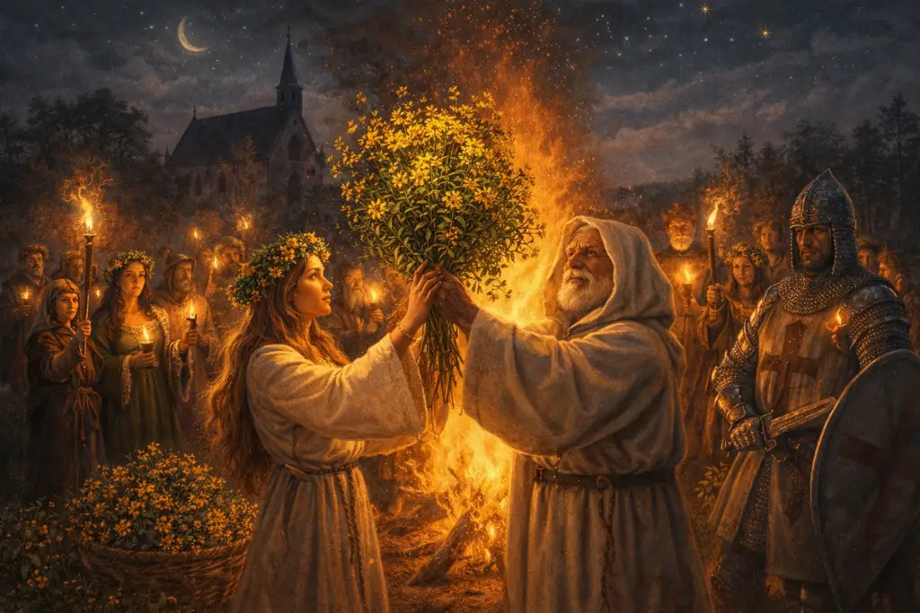 Cena simbólica de um ritual medieval com a Erva de São João sendo elevada sobre uma fogueira, representando proteção, luz e cura espiritual.