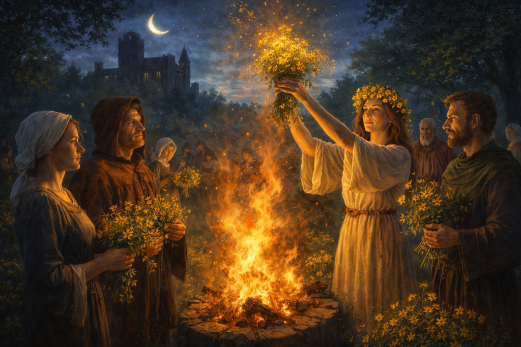 A Erva de São João: entre a lenda medieval e o poder de cura natural | Benverde Grupo em ritual noturno ao redor da fogueira segurando ramos de Erva de São João, simbolizando proteção, luz e celebração do solstício.
