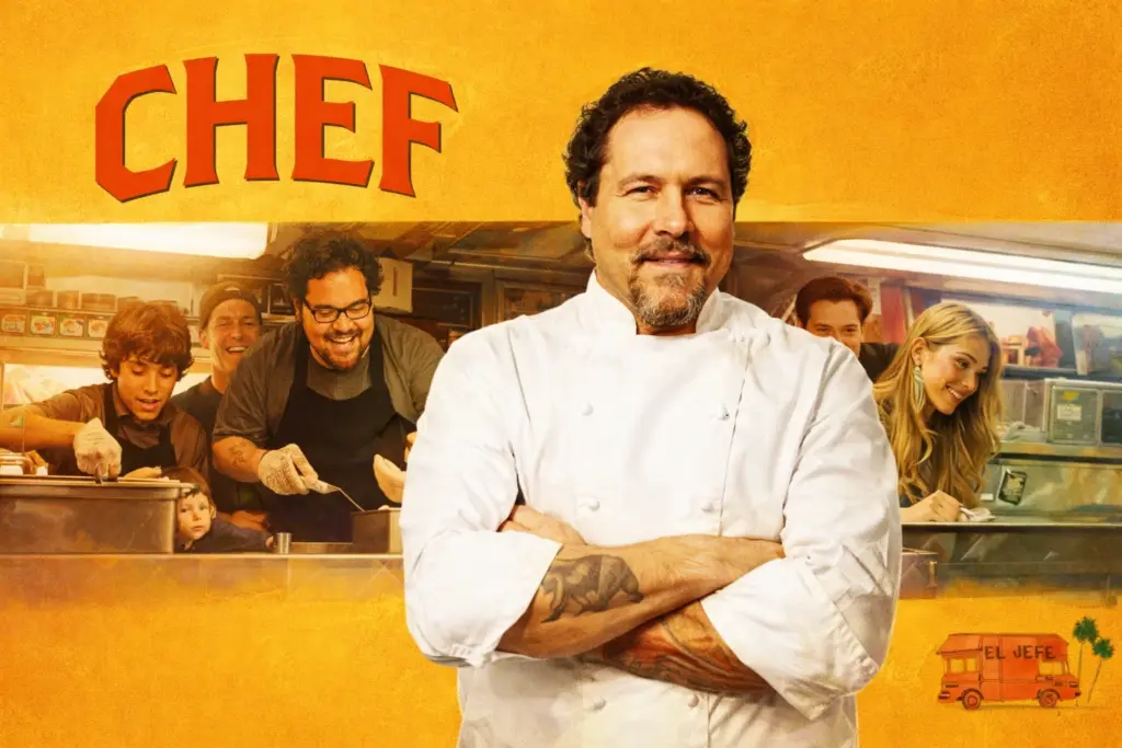 Arte inspirada no filme Chef, mostrando um cozinheiro em primeiro plano e um food truck ao fundo, simbolizando criatividade, família e gastronomia.