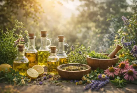 Fitoterapia: o poder das plantas medicinais: frascos de extratos e pilão em ambiente natural de bem-estar