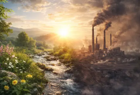 Produtos ecológicos: contraste entre natureza preservada e poluição industrial representando a origem da preocupação com produtos ecológicos