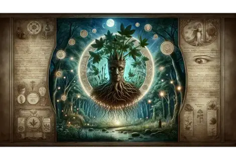 Ilustração da mandrágora com forma humana emergindo da terra, simbolizando os mitos medievais sobre a raiz viva e seus poderes mágicos.