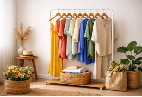 Moda ecológica: roupas sustentáveis em tecidos naturais e cores suaves em ambiente iluminado com plantas e fibras naturais