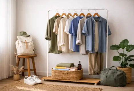 Moda ecológica: roupas masculinas sustentáveis em tecidos naturais com mochila de algodão e ambiente minimalista