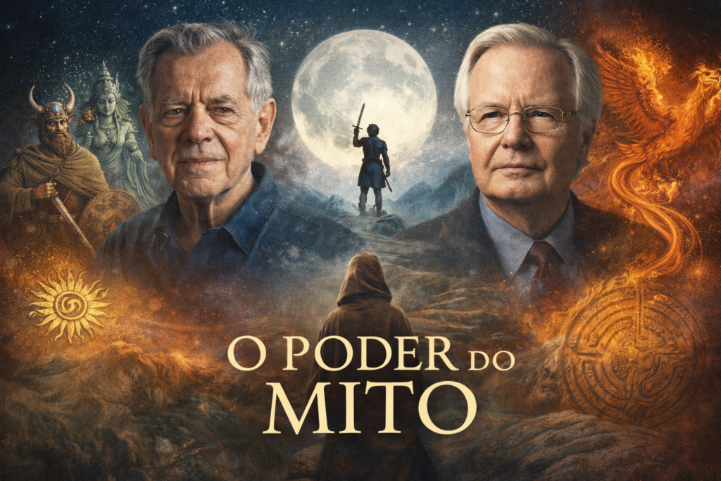 Arte simbólica representando arquétipos, luz e sombra, jornada interior e sabedoria ancestral, inspirada na série O Poder do Mito.