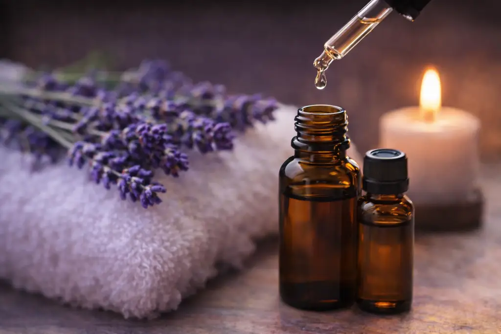 Óleo essencial de lavanda em frasco âmbar com flores e vela, representando relaxamento e aromaterapia