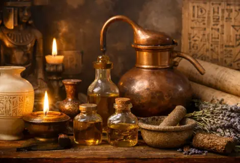 A História dos Óleos Essenciais: cena histórica com frascos de óleos essenciais, destilador de cobre e símbolos da antiguidade, representando a origem ancestral da aromaterapia.